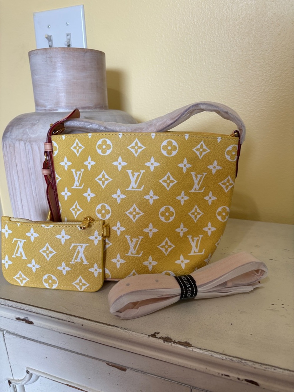 Inspirwd Yellow Monogram Canvas Shoulder Bag with White Pattern and Pouch